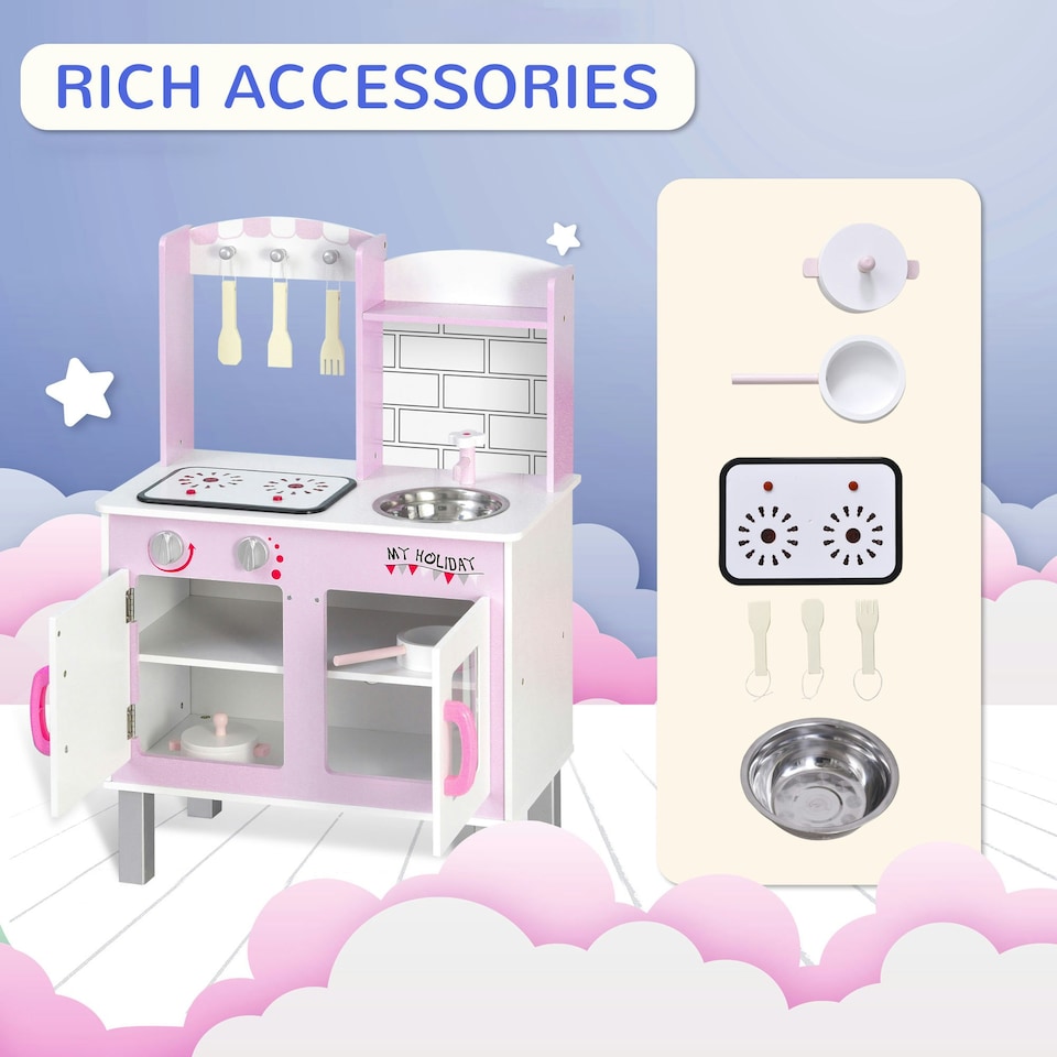 image 1 of HOMCOM Kids Kitchen Play Set Sounds Utensils Pans Storage Child Role Play 3 Yrs+