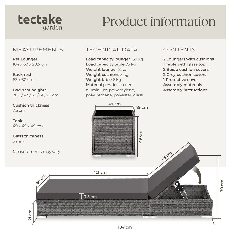 image 1 of Sun Lounger Set - 2 loungers, 1 side table, aluminium frame, adjustable backrest, rain cover | Grey | grey | 1