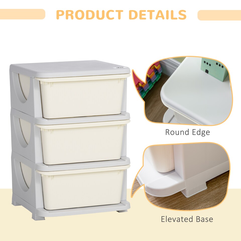 image 1 of HOMCOM Kids Storage Units with Drawers 3 Tier Chest Dresser Tower Cream