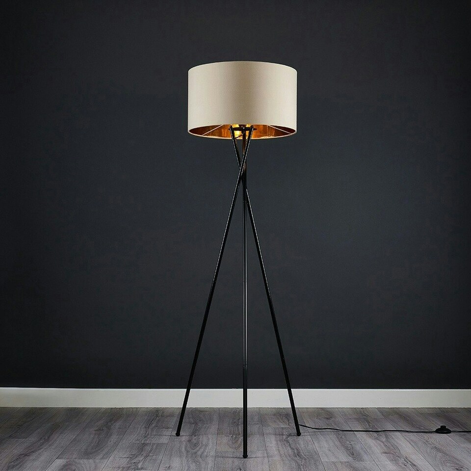 image 1 of ValueLights Camden Black Tripod Floor Lamp Beige & Gold Shade Cream