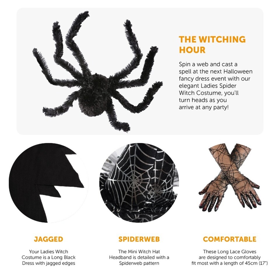 image 1 of Spider Witch Costume with Spider Prop | Black | XL