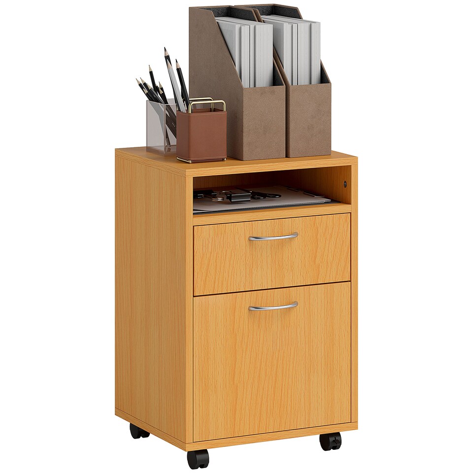 image 1 of HOMCOM 60cm Filing Cabinet with Drawer, Open Shelf, Metal Handles and 4 Wheels, Office Home Organiser Mobile Printer, Natural Wood Finish