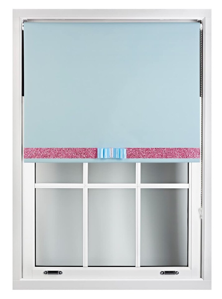 image 1 of FURNISHED Blackout Roller Blinds with Glitter Trim and Bow Insulated Designed Window Shade | Blue | Duck Egg Blue | (W) 90cm x (L) 165cm