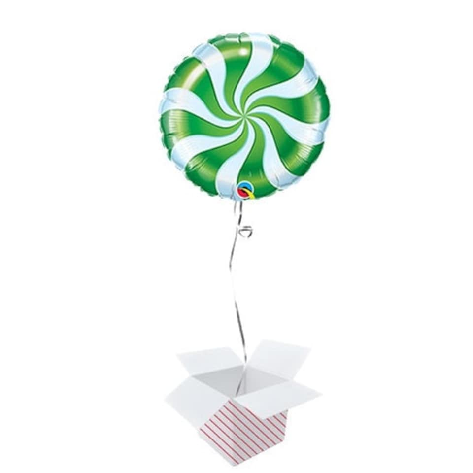 Green Candy Swirl Christmas Round Foil Helium Qualatex Balloon - Inflated Balloon in a Box