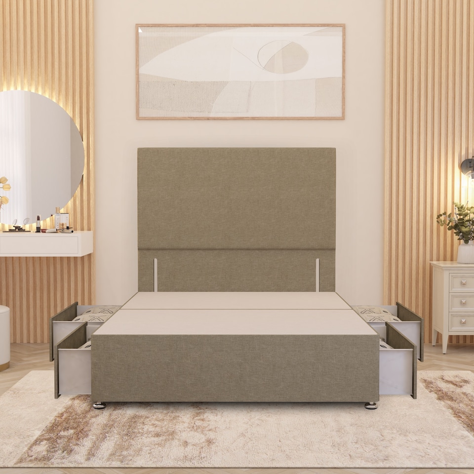 image 1 of Divan Bed Base with 4 Drawers & Plain Floor Standing Headboard Linen Fabric | Yellow | Beige