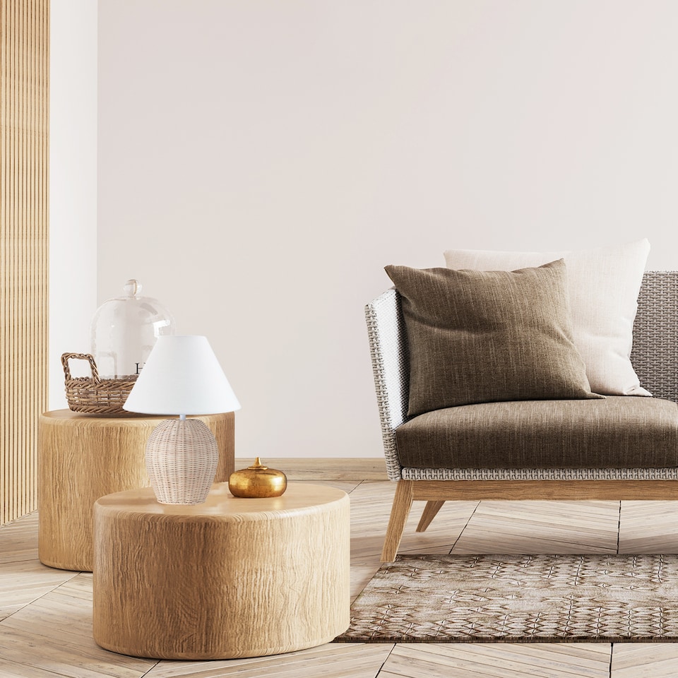 image 1 of Natural Light Brown Woven Rattan Table Lamp Base with White Cable and Switch | Brown