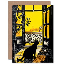 Black Cat Sunbathing Balcony for Him or Her Art Card