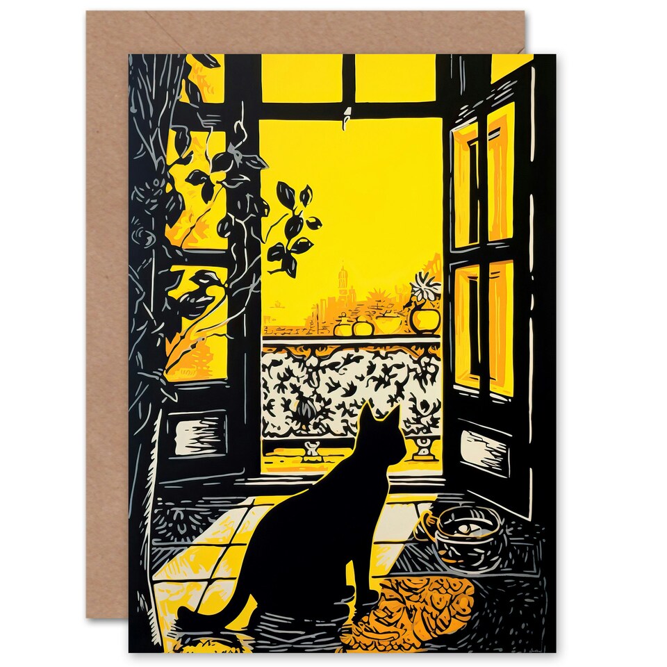 image 1 of Black Cat Sunbathing Balcony for Him or Her Art Card