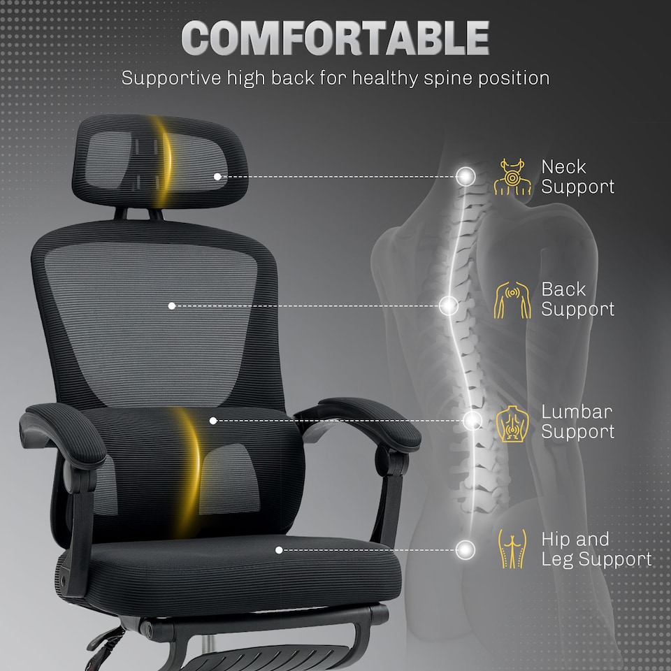 image 1 of HOMCOM Ergonomic Office Chair, Mesh High Back Desk Chair with Adjustable Lumbar Support and Headrest, Footrest, Reclining Executive Swivel Computer Chair for Home Study, Black | Black