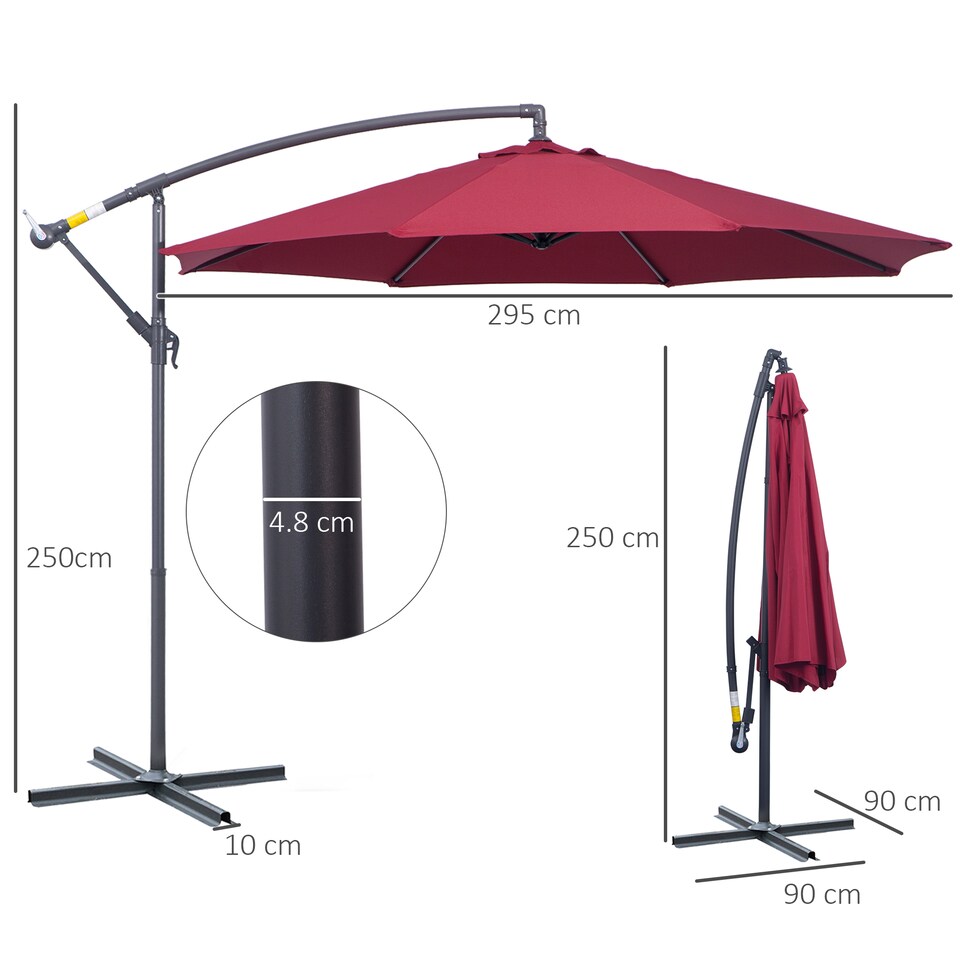 image 1 of Outsunny 3m Garden Banana Parasol Hanging Cantilever Umbrella with Crank Handle and Cross Base for Outdoor, Sun Shade, Wine Red