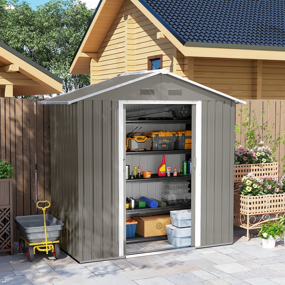 image 1 of Outsunny 6.5 x 3.5ft Metal Garden Shed, Outdoor Storage Shed for Tool Organization with Double Sliding Doors and 4 Vents for Garden, Patio, Grey