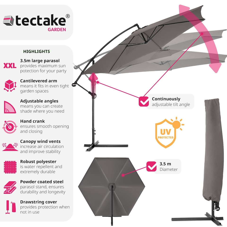 image 1 of Parasol Ciccio - 350 cm, cantilever garden shade, adjustable tilt angle, with protective cover Grey