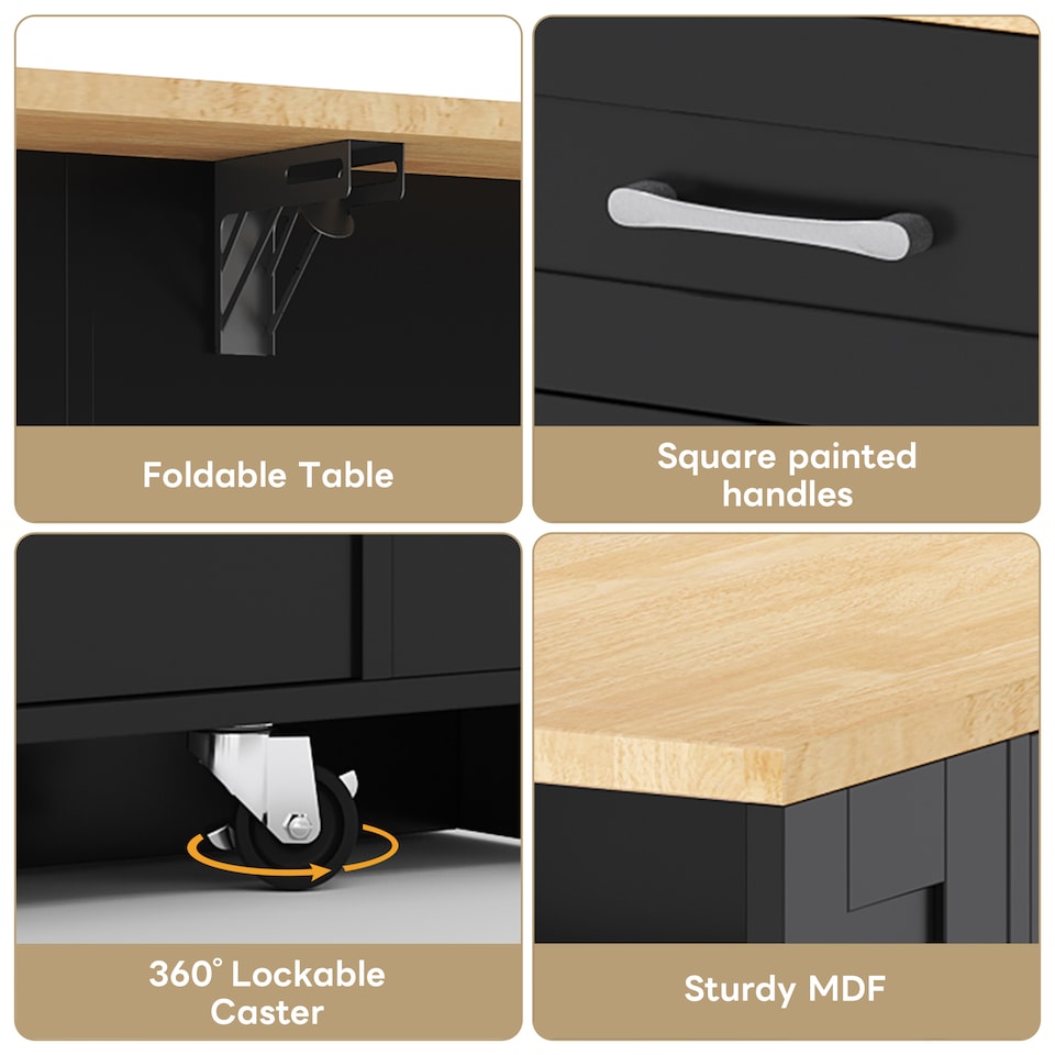 image 1 of VILUXE Mobile Kitchen Island with Foldable Worktop, 2 AC Sockets, 2 USB Ports, Glass Doors, Adjustable Shelves and Lockable Wheels, Black and Natural