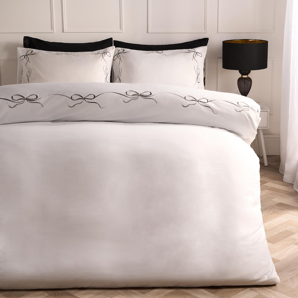 image 1 of OHS Bow Border Bedding Set Microfibre Duvet Cover with Pillowcase | White | Black/White | Single