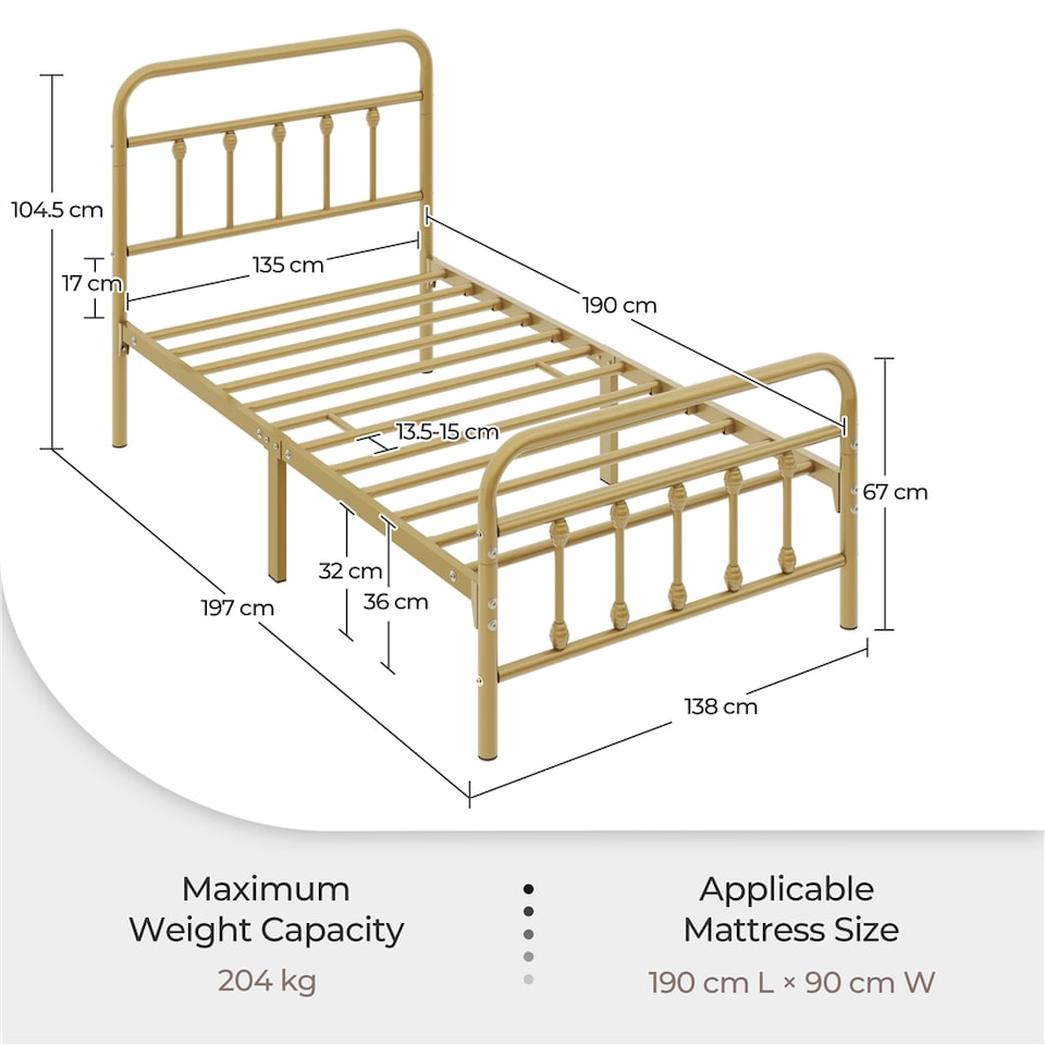 image 1 of Yaheetech Vintage Iron Platform Bed with High Headboard and Footboard-190 cm L x 90 cm W | Gold | Antique Gold | Single | 1