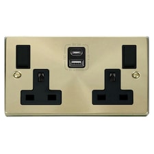 SE HOME Satin / Brushed Brass 2 Gang 13A Type A & C USB Twin Double Switched Plug Socket Black | Satin Brass