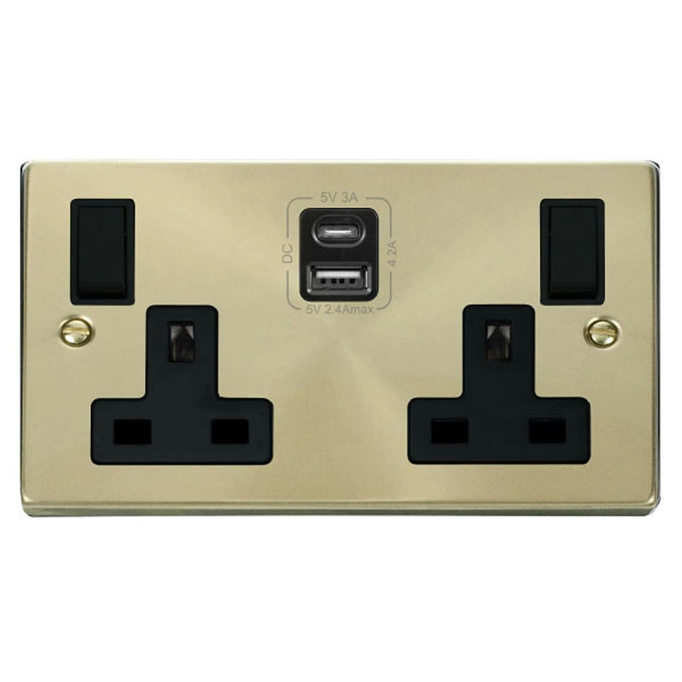 image 1 of SE HOME Satin / Brushed Brass 2 Gang 13A Type A & C USB Twin Double Switched Plug Socket Black | Satin Brass