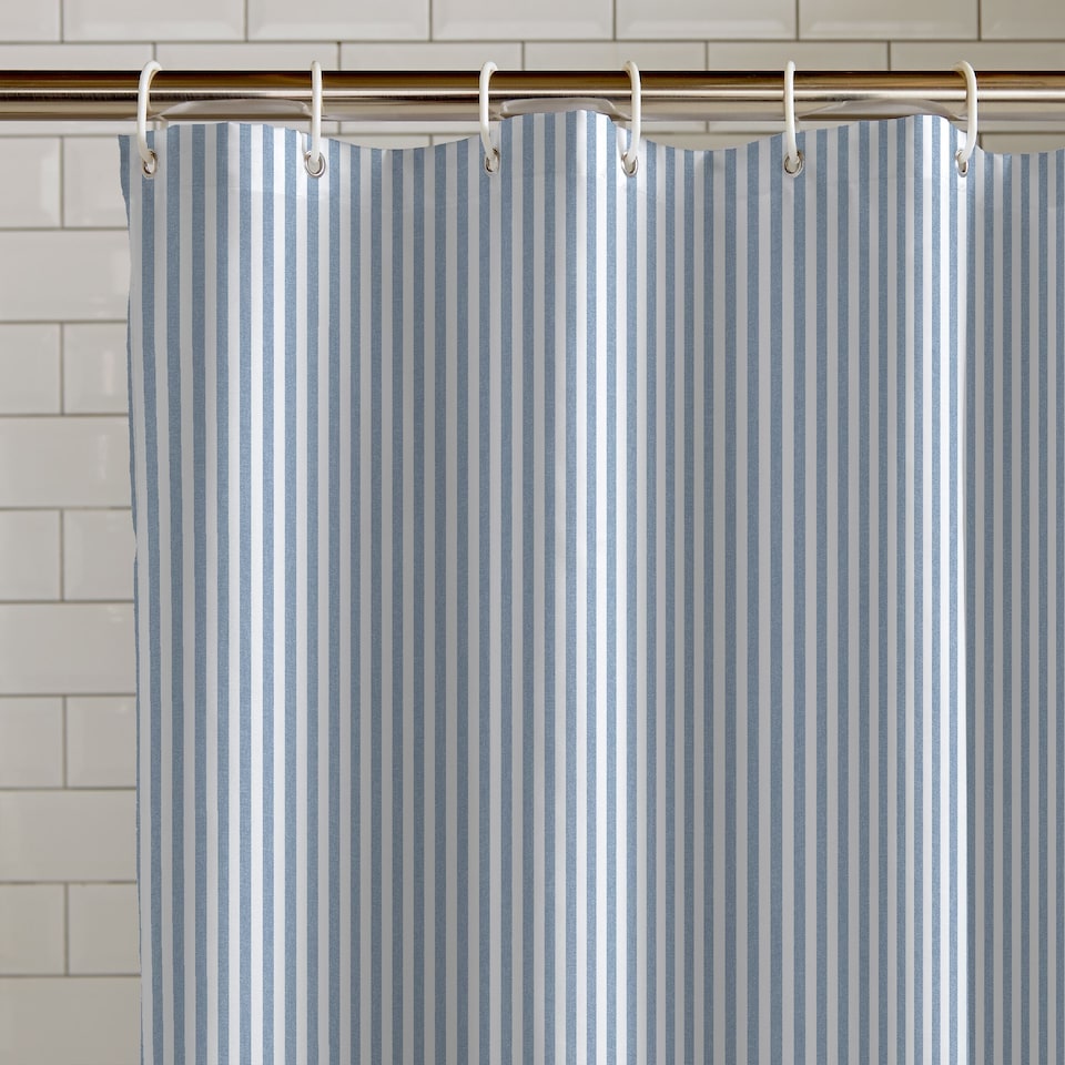image 1 of Catherine Lansfield Timeless Stripe Shower Curtain | Blue | One Size