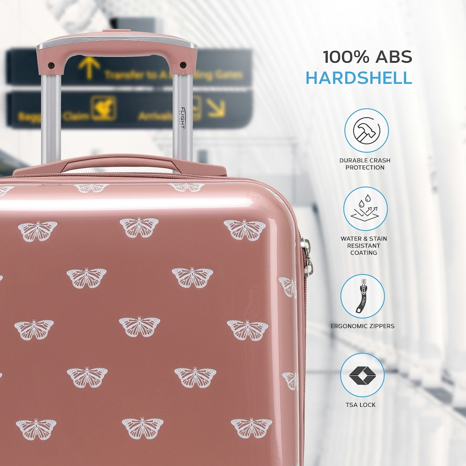 image 1 of Flight Knight Carry On Suitcase - 8 Wheel TSA Lock USB Port - Anti Crack Case Hard Luggage Approved for easyJet, Jet2, BA Pink | Rose Gold/White Butterfly | Cabin Bag
