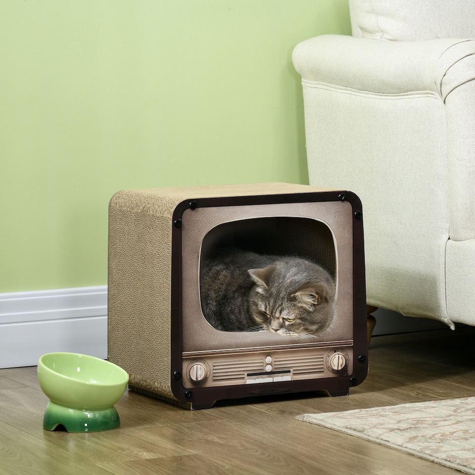 image 1 of PawHut 2 in 1 Cat House TV Shape Corrugated Cardboard with Catnip, Brown