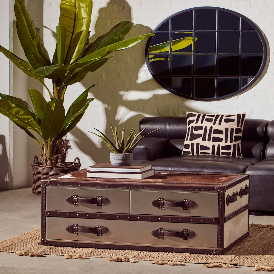 image 1 of Interiors By Premier Brown And White Genuine Cowhide Coffee Table,Rectangular Table With 3 Aluminium Plated Drawers,Center Table Brown