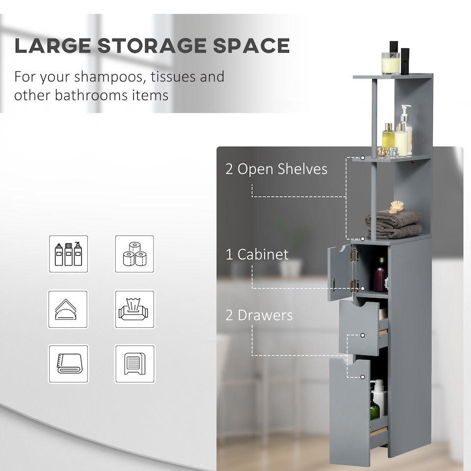 image 1 of HOMCOM Tall Bathroom Storage Cabinet with Shelf and Drawers, Grey