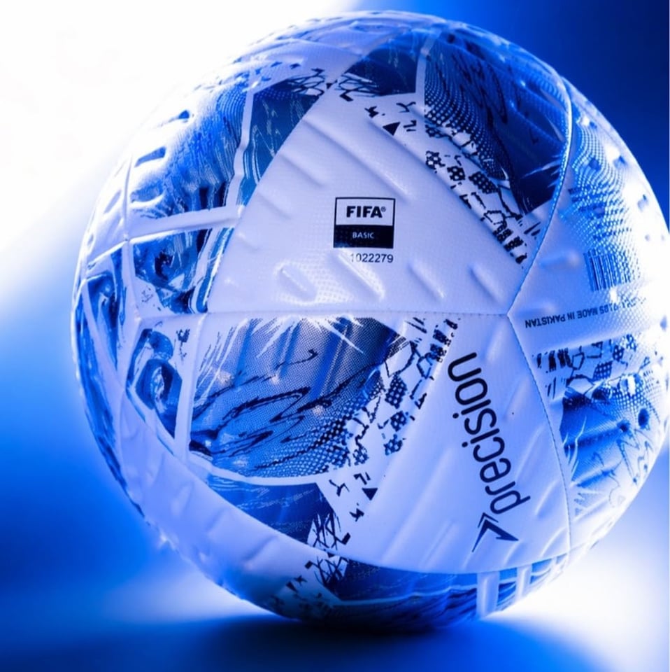 image 1 of Precision Fusion Plus Fifa Basic Training Football, 12 Panel Textured Tpu Match Ball, Pu Sealed Seams, Grass 3G Astro, White/Silver/Cyan/Black, 5