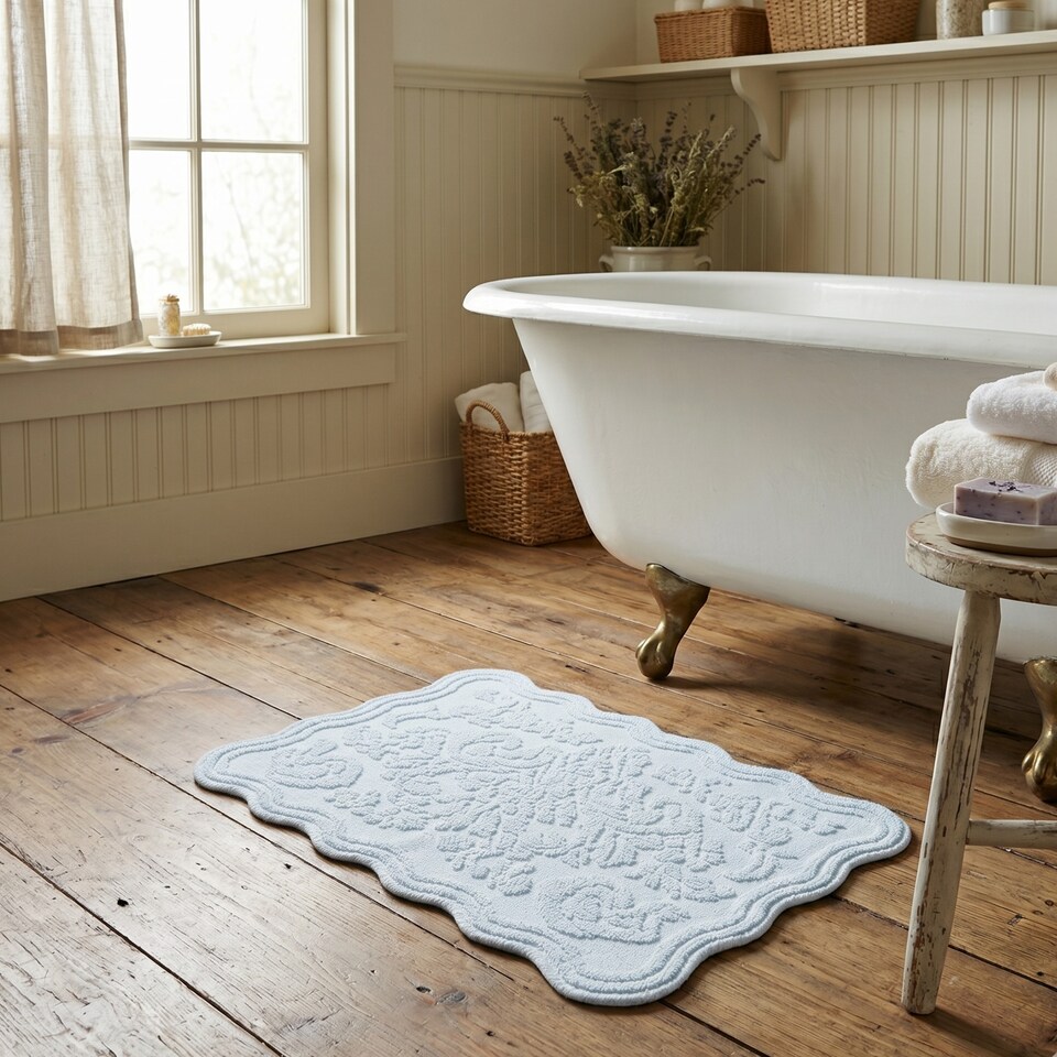 image 1 of Gracie Floral Jacquard Scalloped Bath Mat