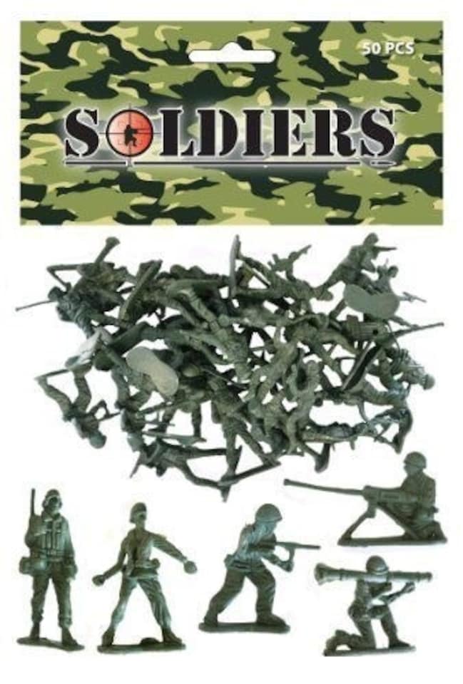 image 1 of Bag of 50 Traditional Green Plastic Toy Soldiers for Army Military War Games