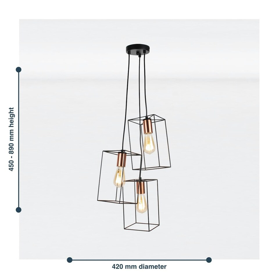 image 1 of First Choice Lighting Matt Black With Brushed Copper Detail 3 Light Pendant Black | Copper