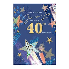 Words 'n' Wishes Special Son In Law 40th Birthday Card - Happy Birthday Card for Men Age 40 with Contemporary Star Design with an Embossed Foil Finish
