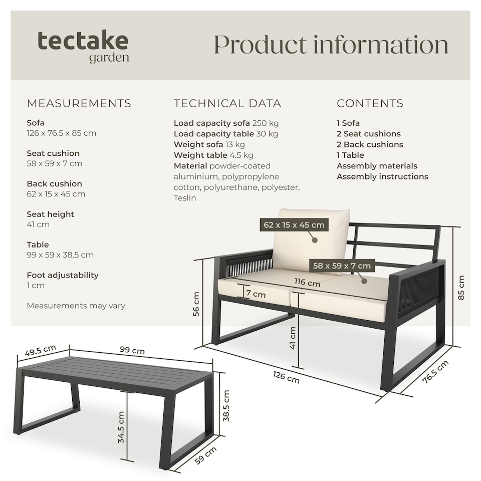 image 1 of Garden Furniture Set Capri in a Corded Design and Aluminium Frame | Grey | anthracite | 76,50 x 126 x 85 cm | 1