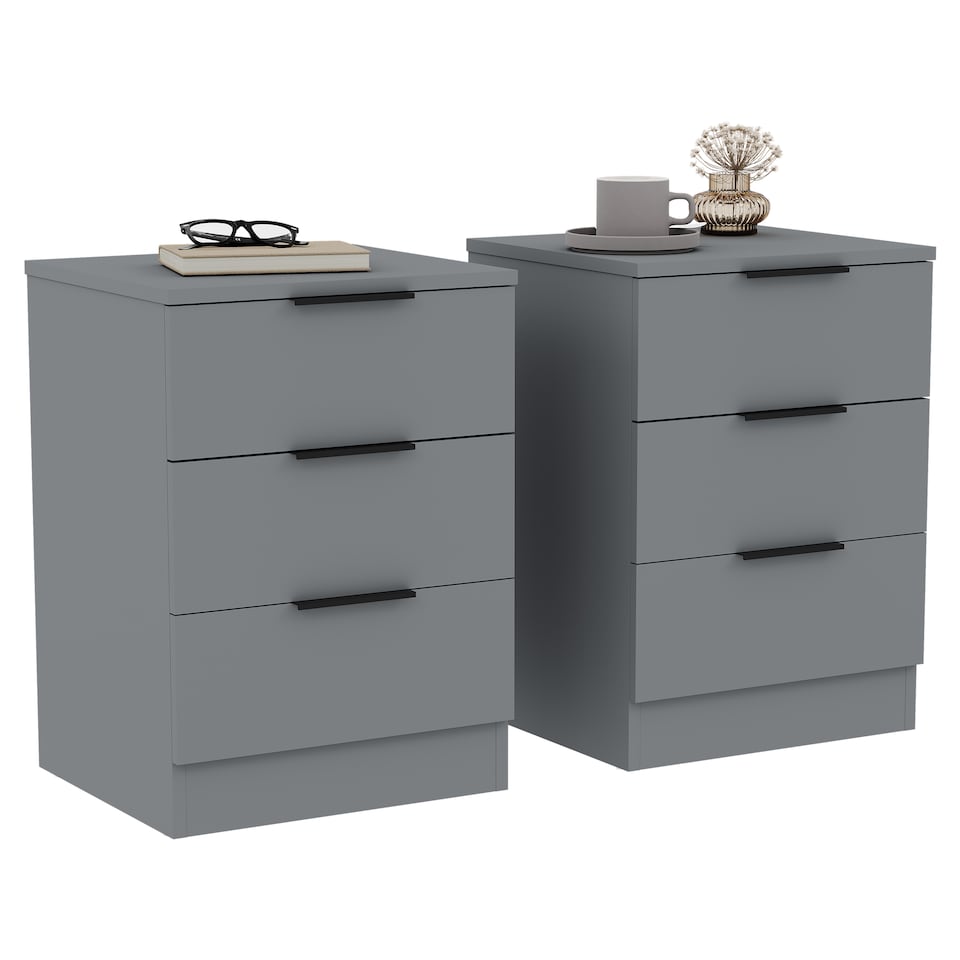 image 1 of Vida Designs Trega 3 Drawer Bedside Chest Bedroom Storage Unit, (H) 50cm x (W) 39cm x (D) 28cm, Grey, Set of 2