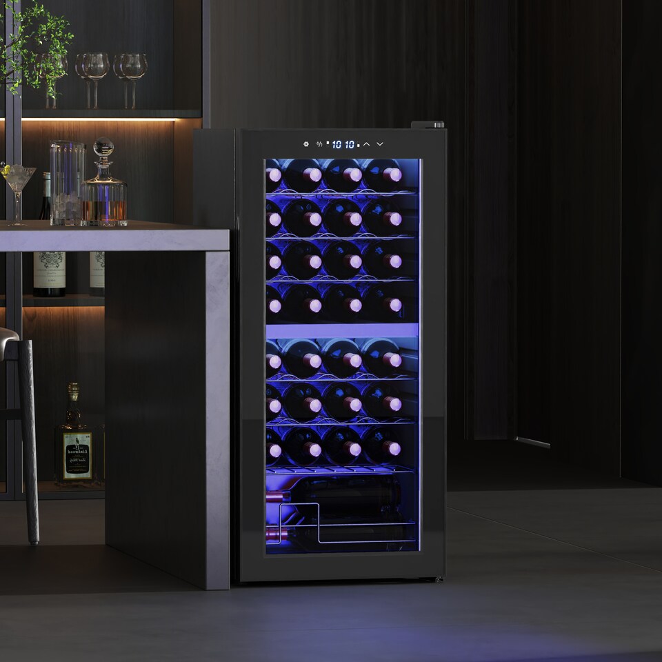 image 1 of HOMCOM 86L Freestanding Wine Cooler with UV-resistant Tempered Glass Door, 32 Bottles Dual Zone Wine Fridge with Adjustable Temperature Control, Digital Touch Screen, Black | Black