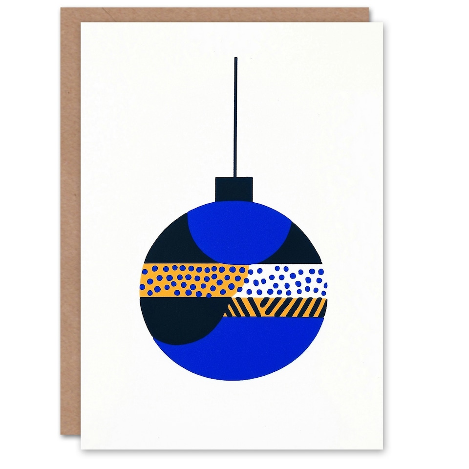 image 1 of Bauble Blue Orange Modern Ornament Fun Xmas Art Blank Christmas Card