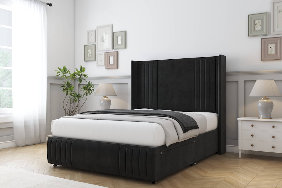 image 1 of Sloomy Camden Black Plush Divan Bed With Mattress 2 Drawers Footend With 54" Wingback Headboard & 12" Matching Footboard 5' King | Black | Black | King | 1