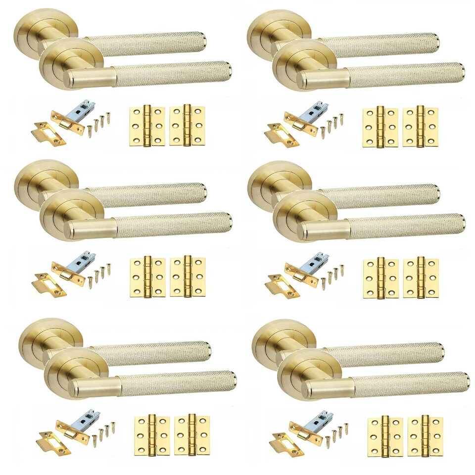 image 1 of Golden Grace 6 Sets Knurled T-Bar Door Handles in Satin Brass Finish with Latch and Ball Bearing Hinges | Gold | 6 Set