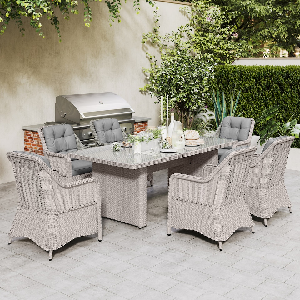 image 1 of Outsunny 6 Seater Rattan Dining Set, Luxury Round PE Rattan Garden Furniture Set with Cushions, Aluminium Outdoor Dining Table and Chairs with 6 Armchairs, Rectangle Glass Top Table, Grey