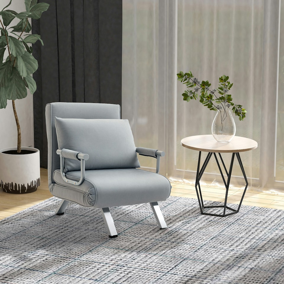 image 1 of HOMCOM Single Folding 5 Position Convertible Sleeper Chair Bed Light Grey