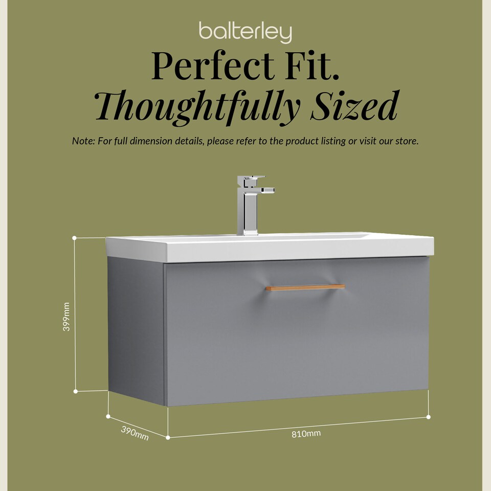 image 1 of 800mm Wall Hung 1 Drawer Vanity Basin Unit, Satin Grey, Copper Handle | Grey | Satin Grey | 399 x 810 x 390mm