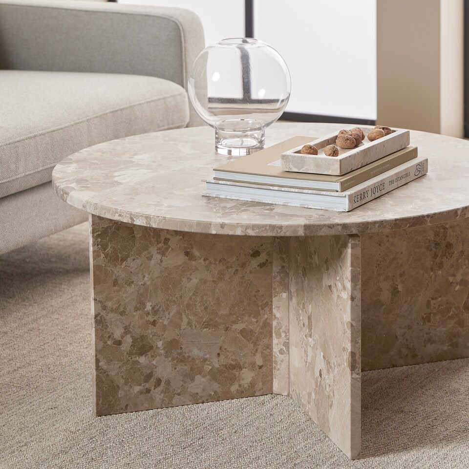 image 1 of Vega Round Coffee Table with Brown Marble Top 90cm