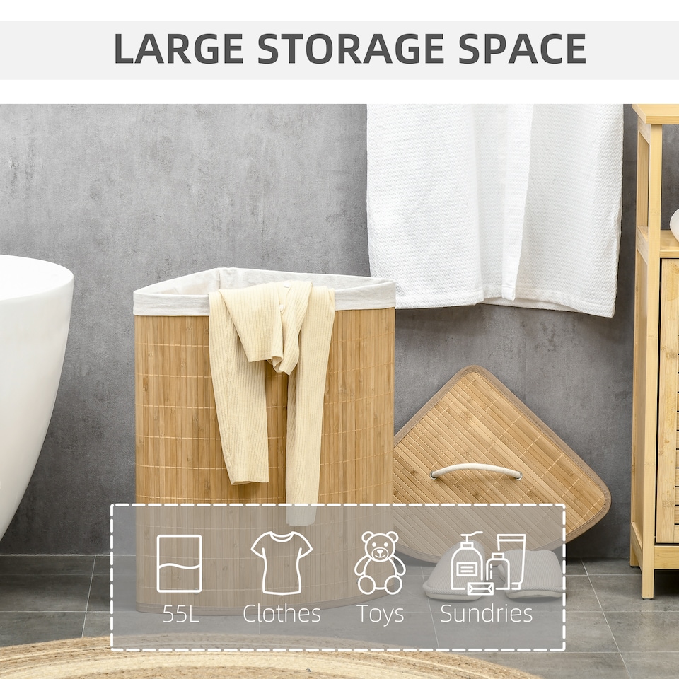 image 1 of HOMCOM Bamboo Laundry Basket with Lid, 55 Litres Laundry Hamper with Removable Washable Lining, Corner Washing Baskets, 38 x 38 x 57cm, Natural