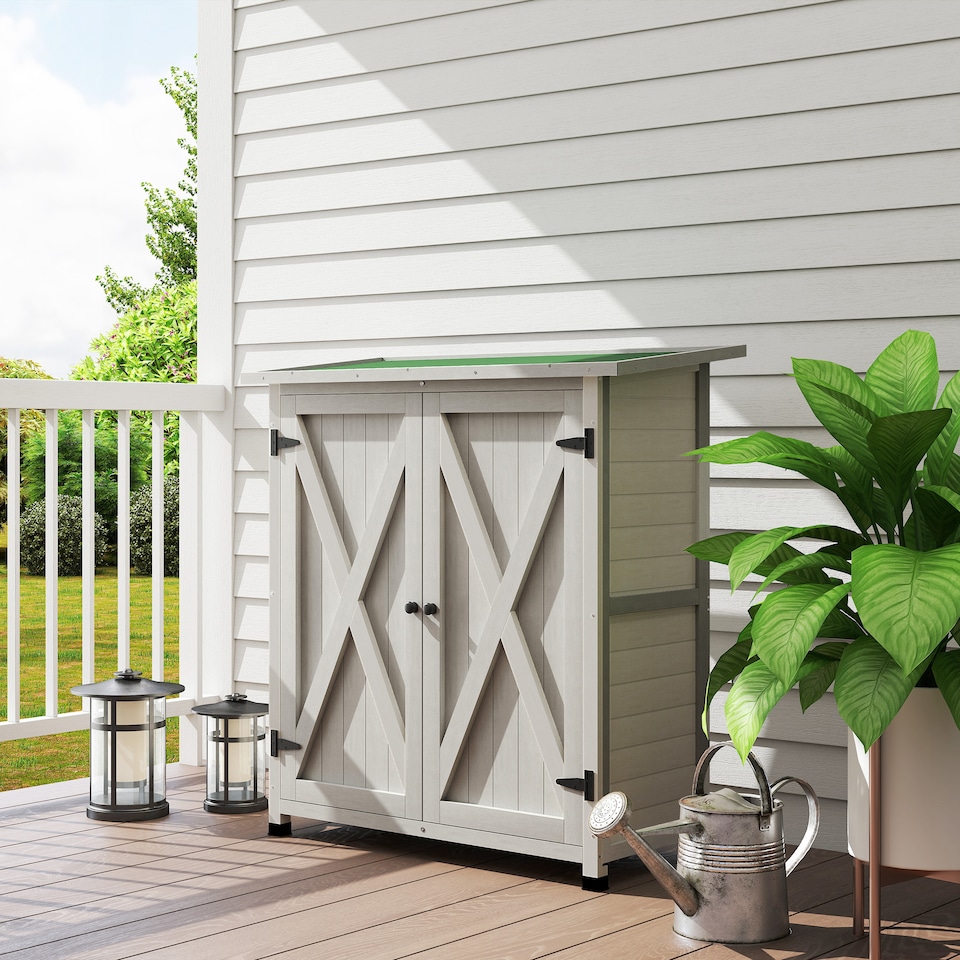 image 1 of Outsunny Wooden Garden Storage Shed, Tool Cabinet Organiser with Shelves and Double Door, 110 x 55 x117cm, Light Grey