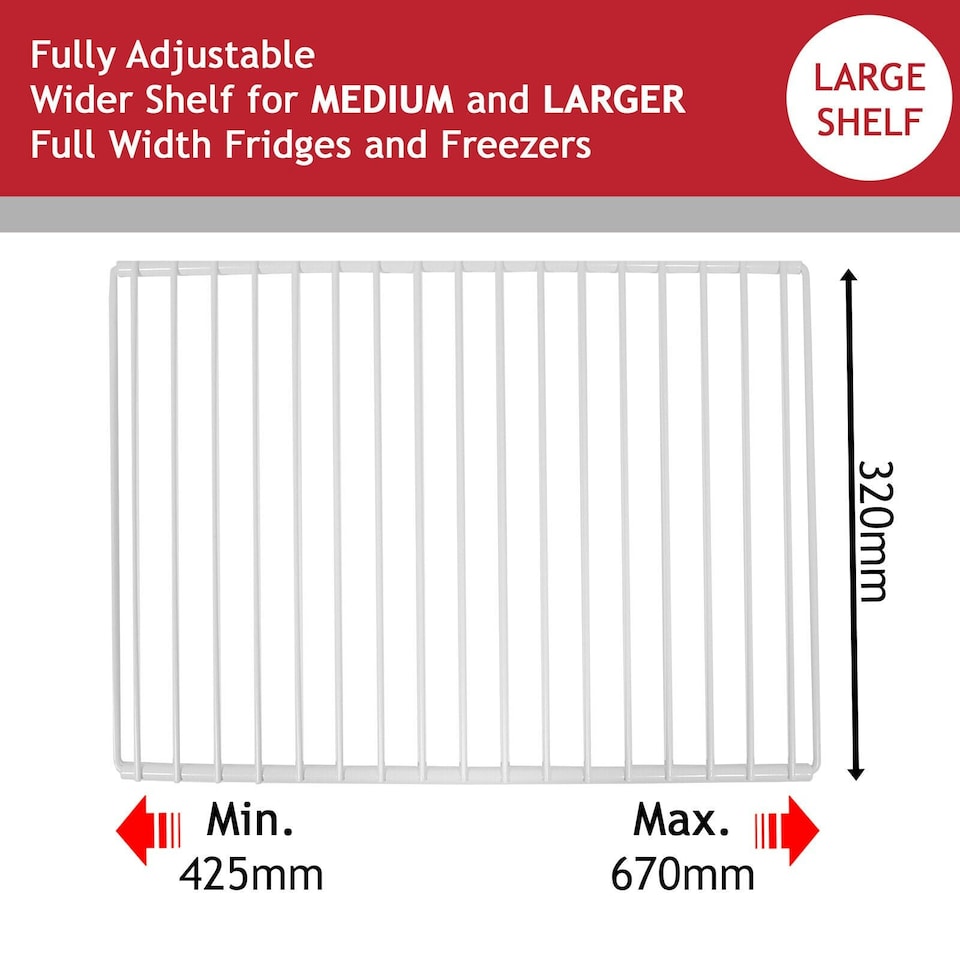 image 1 of SPARES2GO Fridge Shelf for Hisense Freezer Adjustable White Extendable Arms 425mm - 670mm x 320mm White | 425-670mm x 320