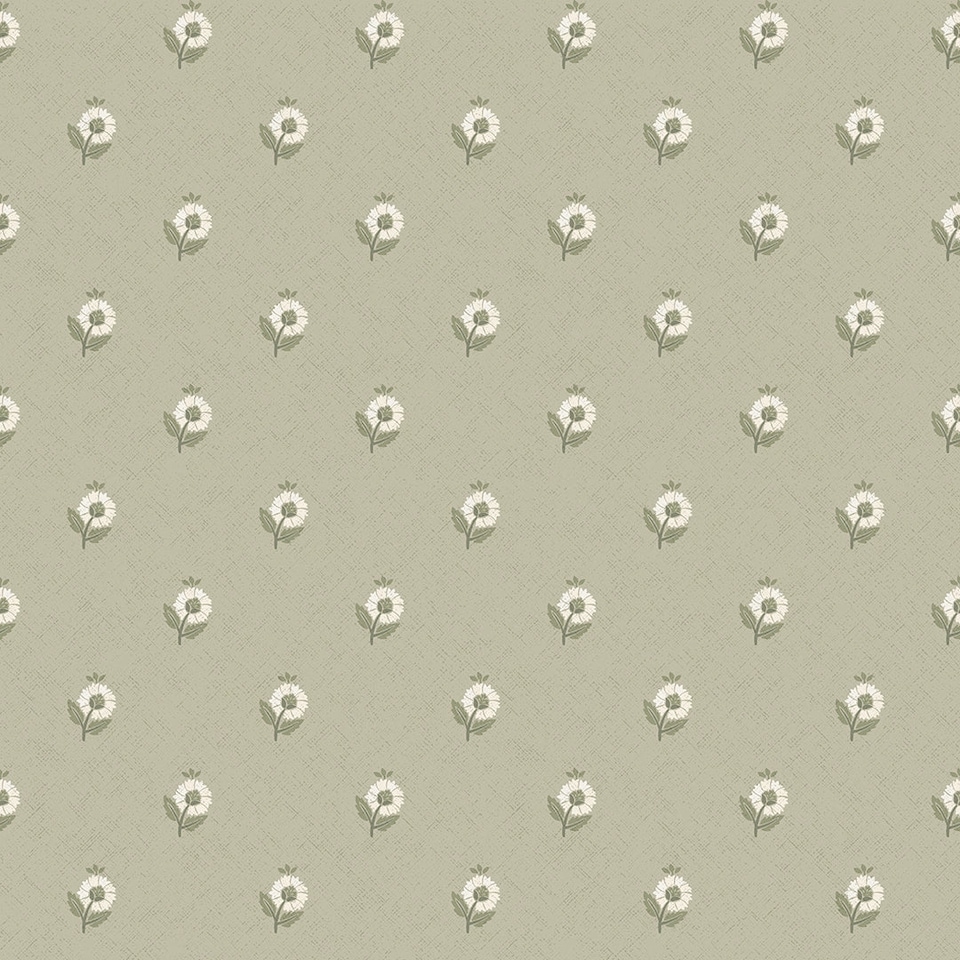 Sample of Ditsy Posy Wallpaper in Cream on Organic Green | Green | Cream on Organic Green