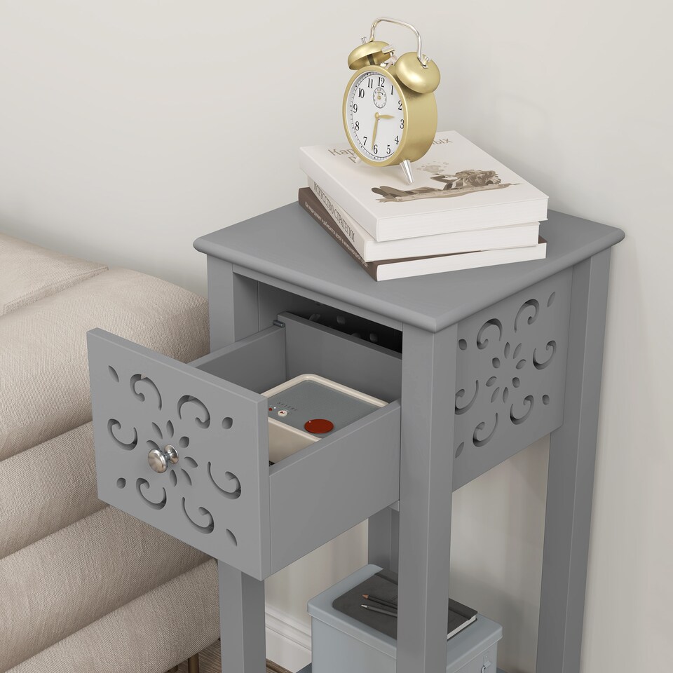 image 1 of HOMCOM Side Table Set of 2, Bedside Table Set with Drawer and Storage Shelf, End Table Set with Elegant Flower-Shaped Design for Living Room Bedroom, Grey | Grey