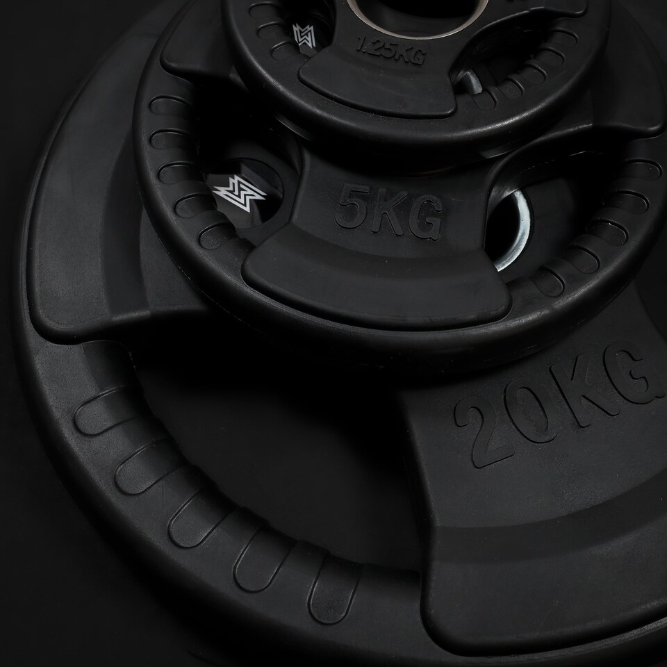 image 1 of GYM SETS Tri Grip Olympic Weight Plates- (2x 25kg (50kg) / With 4ft Barbell + Clips)