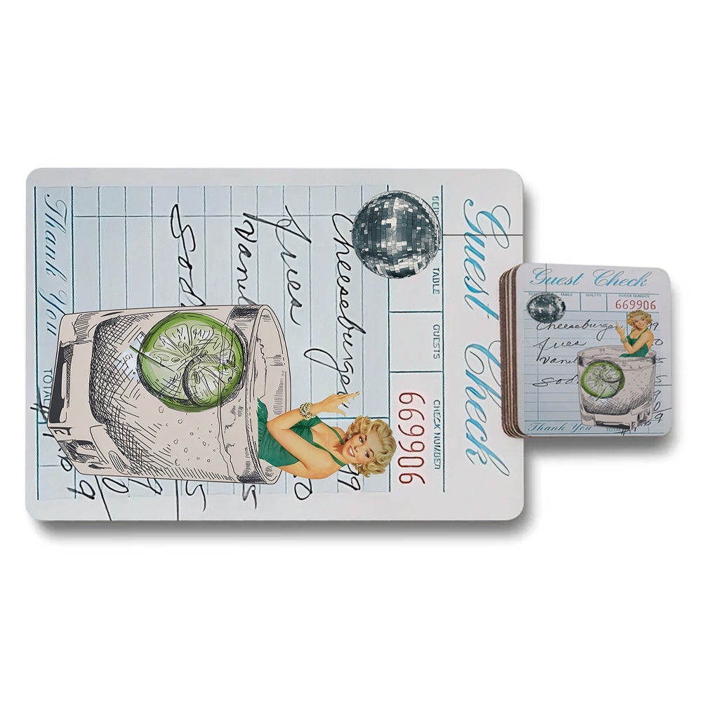 Placemat Coaster Set Vintage Print Collection With Wood Base Featuring Limited Edition Retro Artwork