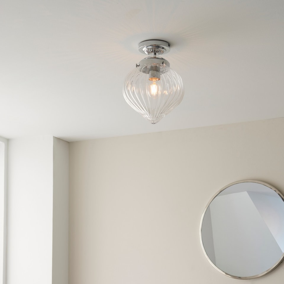 image 1 of Cheston Semi Flush Ceiling Light Chrome, Clear Ribbed Glass Globe Shade, IP44