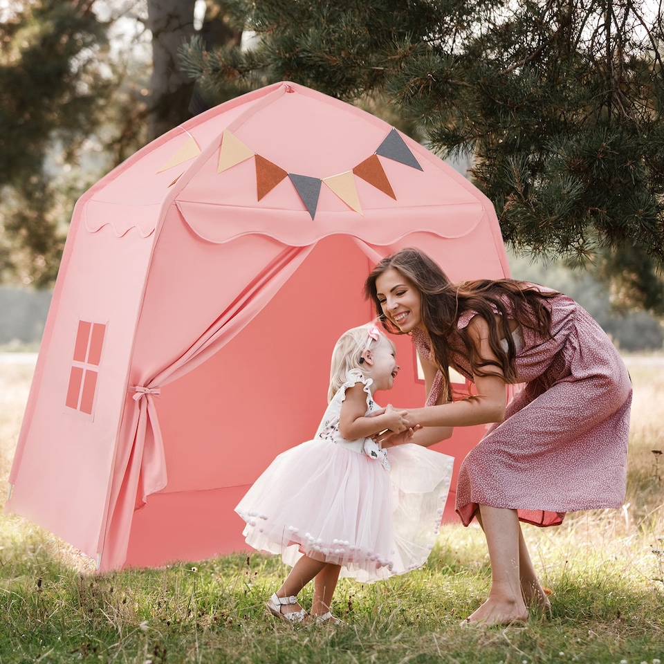 image 1 of COSTWAY Kids Play Tent Indoor & Outdoor Extra Large Playhouse Tent-Pink